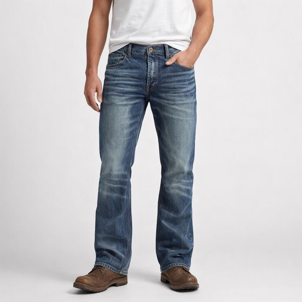 PRPS Mens Windsor Fit Medium Wash Bootcut Jeans 38 Whiskered Button Fly